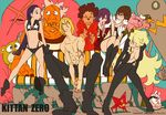  4girls afro aqua_background baseball_cap blonde_hair blue_eyes breasts brown_hair chibi cigarette collarbone couch expressionless fallen_down fangs gainaxtop glasses hair_between_eyes hat kinon kittan kiyal kiyoh looking_at_viewer maiko_(ttgl) medium_breasts monster mouth_hold multiple_girls nipples official_art on_couch pout purple_hair scar seams serious simple_background small_breasts star star_print sushio teeth tengen_toppa_gurren_lagann tengen_toppa_gurren_lagann:_parallel_works 