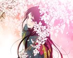  bad_id bad_pixiv_id black_hair branch cherry_blossoms japanese_clothes kimono long_hair nagi_kanami original petals red_eyes smile solo 