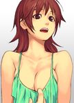  breasts brown_eyes brown_hair camisole cleavage hands medium_breasts open_mouth original shirt_pull simple_background solo upper_body yuuji_(and) 