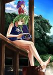  bad_id bad_pixiv_id barefoot feet green_hair khaki kochiya_sanae magazine multiple_girls one-piece_swimsuit purple_hair red_eyes school_swimsuit short_hair sitting smile soaking_feet swimsuit touhou tub water yasaka_kanako 