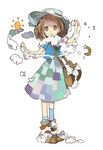  bag boots brown_eyes brown_hair cloud crescent dress hat messenger_bag original short_hair shoulder_bag socks solo soto star sun_(symbol) 