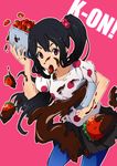  bad_id bad_pixiv_id black_hair brown_eyes chocolate copyright_name food fruit holding k-on! kanbe_piroshiki listen!! long_hair mouth_hold nakano_azusa pantyhose polka_dot side_ponytail solo spill strawberry 