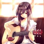  acoustic_guitar ayase_non black_hair blush breasts cleavage dress guitar highres instrument long_hair original red_eyes ribbon sitting small_breasts smile solo very_long_hair white_dress 