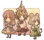  animal_ears bad_id bad_pixiv_id bishamonten's_spear blonde_hair bow chibi dress gradient_hair grey_hair hair_ornament hijiri_byakuren long_hair multicolored_hair multiple_girls nazrin polearm short_hair spear tail toramaru_shou touhou urin weapon 