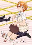  1girl accident apron blush clenched_hand glasses inami_mahiru kneeling orange_eyes orange_hair parfait short_hair skirt spill takanashi_souta tray waitress working!! yoshikawa_kazunori 