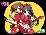  alternate_hairstyle back-to-back bad_id bad_pixiv_id black_hair brown_eyes brown_hair group_name guitar hirasawa_yui hitoguchi_(hioxhio) instrument japanese_clothes k-on! kimono long_hair multiple_girls nakano_azusa ponytail short_hair tasuki yuiazu_(unit) yukata 