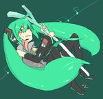  aharan bad_id bad_pixiv_id boots detached_sleeves green_eyes green_hair hatsune_miku headset long_hair lowres solo spring_onion sweat thigh_boots thighhighs very_long_hair vocaloid 