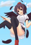  cloud day feathers looking_at_viewer open_mouth panties ponishi. shameimaru_aya short_hair sky smile solo thighhighs touhou underwear wings 