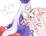  aharan bad_id bad_pixiv_id blue_hair blush bow fujiwara_no_mokou hair_bow hat kamishirasawa_keine long_hair multiple_girls pink_hair red_eyes touhou 