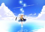  air barefoot blonde_hair from_behind kamio_misuzu long_hair natsumikan outstretched_arms ponytail school_uniform solo spread_arms walking walking_on_liquid water 