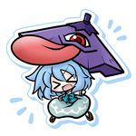  &gt;_&lt; :d blue_hair chibi closed_eyes karakasa_obake open_mouth purple_umbrella short_hair smile solo tatara_kogasa touhou umbrella xd yanagi_(nurikoboshi) 