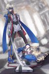  1girl battle blazblue blonde_hair blue_footwear bolverk boots cape formal green_eyes gun handgun hiyohiyo_(naga) jin_kisaragi long_hair lying noel_vermillion short_hair sword thighhighs weapon yukianesa zettai_ryouiki 