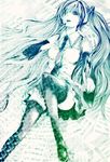  bad_id bad_pixiv_id camellia775 hair_over_one_eye hatsune_miku headset highres long_hair lying monochrome necktie pointing sheet_music skirt solo thighhighs twintails very_long_hair vocaloid 