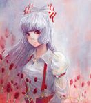  acrylic_paint_(medium) bad_id bad_pixiv_id eyelashes fujiwara_no_mokou hair_ribbon highres lips moco._(artist) portrait red_eyes ribbon solo touhou traditional_media 