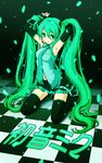 absurdres aqua_eyes bad_id bad_pixiv_id checkered checkered_floor colorized ginta hatsune_miku highres long_hair necktie perspective skirt solo thighhighs twintails vocaloid 