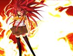  :o angry arms_at_sides bare_arms black_legwear blouse bow brown_skirt dirty_face eyebrows_visible_through_hair feet_out_of_frame fire floating_hair hair_between_eyes long_hair miniskirt orange_bow red red_eyes red_hair school_uniform serafuku shakugan_no_shana shana shanax short_sleeves skirt solo standing thighhighs v-shaped_eyebrows white_blouse zettai_ryouiki 