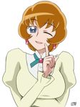  ban_keiko blue_eyes breasts close-up earrings heartcatch_precure! itou_yuuji jewelry large_breasts mature one_eye_closed orange_hair pointing precure short_hair smile solo 