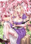  alcohol blonde_hair bottle breasts cleavage crossed_legs cup elbow_gloves garter_straps gloves hat high_heels kanda_(squall-rinoa) large_breasts long_hair purple_eyes sakazuki sake shoes sitting solo thighhighs touhou yakumo_yukari 