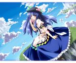  blue_hair cloud day eating food fruit grass hat hinanawi_tenshi holding holding_food holding_fruit long_hair peach red_eyes sitting sky solo touhou yuuki_eishi 