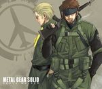  ammunition_pouch assault_rifle bad_id bad_pixiv_id bandana beard big_boss blonde_hair blue_eyes brown_hair cigar facial_hair gun highres kazuhira_miller m16 m16a1 metal_gear_(series) metal_gear_solid_peace_walker multiple_boys mustache naked_snake pouch rifle spie_harness sunglasses weapon 