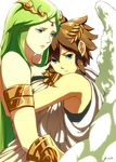  1girl age_difference bad_id bad_pixiv_id blue_eyes brown_hair green_eyes green_hair hug kid_icarus kid_icarus_uprising o-yuki palutena pit_(kid_icarus) signature simple_background 