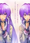  absurdres clannad face finger_to_mouth fujibayashi_kyou fujibayashi_ryou haimerejzero hair_ribbon hands highres hikarizaka_private_high_school_uniform lips long_hair multiple_girls purple_eyes purple_hair ribbon school_uniform short_hair shushing siblings sisters symmetry tears translated twins 