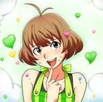  akizuki_ryou antenna_hair blush brown_eyes brown_hair finger_to_mouth heart idolmaster idolmaster_dearly_stars male_focus oku_(okumen) open_mouth otoko_no_ko short_hair smile solo 