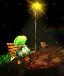  gen_1_pokemon keckle lamppost leaf_umbrella night no_humans pokemon pokemon_(creature) poliwag poliwhirl rain rainbow sitting spearow 