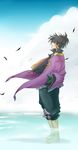  absurdres barefoot black_hair day hair_over_eyes hibino_chitose hidden_eyes highres male_focus md5_mismatch ponytail raven_(tales) sky solo tales_of_(series) tales_of_vesperia wading water 