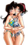  ass ass_grab asymmetrical_docking bikini blue_eyes blush breast_press breasts brown_hair hug jpeg_artifacts large_breasts long_hair meitantei_conan mouri_ran multiple_girls swimsuit symmetrical_docking tooyama_kazuha yuri 