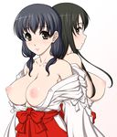  back-to-back bad_id bad_pixiv_id bangs bare_shoulders black_hair bow breasts brown_eyes brown_hair iwato_kasumi japanese_clothes jindai_komaki large_breasts long_hair looking_at_viewer miko multiple_girls nipples off_shoulder puffy_nipples saki simple_background strap_slip twintails yukimasa_(nkk145) 