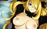 bed blonde_hair blue_eyes breasts breasts_apart cropped hair_ornament hair_over_one_eye large_breasts long_hair lying michael nipples no_bra open_clothes pokemon pokemon_(game) pokemon_dppt shirona_(pokemon) smile solo third-party_edit third-party_watermark wallpaper 