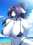  68 animal_ears areola_slip areolae arms_behind_back beach bikini blue_eyes breasts covered_nipples dark_areolae day fake_horns furry horn huge_breasts large_areolae legend_of_mana long_hair micro_bikini ocean purple_hair seiken_densetsu sideboob sierra snout solo strap_gap sweat swimsuit tail underboob white_skin 