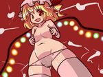  bad_id bad_pixiv_id blonde_hair blush breasts cameltoe fang flandre_scarlet glowing hakika hat medium_breasts navel one_side_up open_mouth panties red_eyes short_hair smile solo thighhighs topless touhou underwear wings 