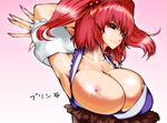  armpits bad_id bad_pixiv_id bowalia breast_slip breasts fingernails hair_bobbles hair_ornament huge_breasts long_fingernails nipples no_bra one_breast_out onozuka_komachi red_eyes red_hair solo touhou two_side_up 