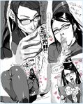  :&gt;= bayonetta bayonetta_(character) black_hair bodysuit cum fellatio glasses greyscale hetero monochrome oral orushibu penis 