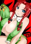  bad_id bad_pixiv_id bare_shoulders blue_eyes braid breasts china_dress chinese_clothes cleavage dress hat hat_removed headwear_removed hong_meiling huge_breasts looking_at_viewer parted_lips red_hair seductive_smile side_slit smile solo syroh touhou twin_braids 