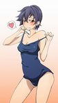  bakemonogatari blush heart kanbaru_suruga monogatari_(series) one-piece_swimsuit school_swimsuit short_hair solo standing strap_pull swimsuit touryou 