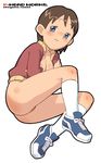  1girl ass blue_eyes blush bottomless breasts brown_hair character_name female ishikawa_hideki jacket legs letterman_jacket long_sleeves naomi_okuyama ojamajo_doremi okuyama_naomi open_clothes open_jacket p-head pussy shoes short_hair simple_background sneakers socks solo sweatdrop uncensored white_background white_legwear 