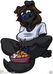  2019 4_toes 5_fingers anthro areola atryl big_breasts biped black_fur blue_nose bottomwear breasts brown_eyes brown_hair canid canine canis chopsticks claws cleavage clothed clothing colored_nails crossed_legs digital_media_(artwork) domestic_dog female fingers food fur hair hi_res hindpaw mammal moxsapphire nails nipples patreon pawpads paws pussy sherri_mayim solo toes tongue tongue_out 