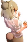  1girl absurdres alpaca_ears alpaca_suri_(kemono_friends) alpaca_tail animal_ears back bangs blonde_hair bra commentary_request cup dated drink drinking_glass extra_ears eyebrows_visible_through_hair fingernails from_behind from_side fur-trimmed_sleeves fur_trim furrowed_eyebrows hair_bun hands_up highres holding holding_cup ice ice_cube kemono_friends looking_afar nail_polish pink_nails see-through shirt short_hair shorts sidelocks signature solo sweat tail taracheesesan underwear wet wet_clothes wet_shirt 