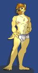  2019 absurd_res anthro biped bottomwear briefs bulge clothed clothing digital_media_(artwork) fuzeyeen hair hi_res hyaenid looking_at_viewer male mammal muscular muscular_male nipples pose simple_background smile solo spots spotted_hyena standing sylvanedadeer topless underwear 