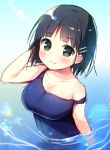  1girl bare_shoulders black_hair blue_swimsuit blush breasts cleavage closed_mouth collarbone commentary_request day green_eyes hair_ornament hairclip hanamiya_natsuka hand_up large_breasts looking_at_viewer one-piece_swimsuit original outdoors partially_submerged sketch smile solo strap_slip swimsuit water 