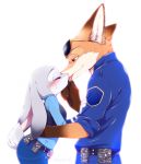  2018 anthro belt black_ears blush brown_ears brown_fur canid canine clothed clothing digital_media_(artwork) dipstick_ears disney dogear218 duo eyebrows eyelashes eyes_closed eyewear female floppy_ears fox fully_clothed fur gloves_(marking) grey_ears grey_tail half-closed_eyes judy_hopps kissing lagomorph larger_anthro larger_male leporid long_ears male mammal markings multicolored_ears multicolored_fur nick_wilde orange_ears orange_fur police_uniform rabbit short_tail side_view simple_background size_difference smaller_anthro smaller_female sunglasses tongue tongue_out two_tone_ears two_tone_tail uniform white_background white_fur white_tail zootopia 