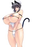  1girl animal_ears areola_slip areolae bare_shoulders bell bell_collar blue_collar blue_eyes breasts cat_ears cat_tail collar commentary_request gigantic_breasts gloves hat highres looking_at_viewer masao original pout simple_background skindentation solo tail thick_thighs thighs white_gloves 