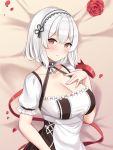  1girl anchor_choker azur_lane bangs bed_sheet breasts cleavage closed_mouth crossed_bangs dress eyebrows_visible_through_hair flower hand_on_own_chest kaetzchen lace-trimmed_hairband large_breasts red_eyes red_flower red_ribbon red_rose ribbon rose scrunchie short_hair sirius_(azur_lane) solo tan_background two-tone_dress white_dress white_hair 