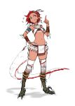  1girl blue_eyes bracer dark_skin deel_(rkeg) feathers highres midriff navel original personification pointy_ears red_hair short_hair smug solo tail tan thighhighs tribal velociraptor white_background zettai_ryouiki 