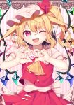  1girl :d absurdres animal_ears arms_up blonde_hair bunny_ears commentary_request cravat fang flandre_scarlet floppy_ears gunjou_row hat hat_ribbon head_tilt heart heart_hands heart_of_string highres kemonomimi_mode lace_border light_blush looking_at_viewer mob_cap open_mouth pink_background pink_headwear pink_shirt puffy_short_sleeves puffy_sleeves red_eyes red_nails red_skirt red_vest ribbon shirt short_hair short_sleeves side_ponytail skirt slit_pupils smile solo standing striped striped_background touhou upper_body vertical-striped_background vertical_stripes vest wings yellow_neckwear 