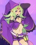  1girl ahoge alternate_costume belt breasts center_opening circlet cleavage cowboy_shot detached_sleeves fire_emblem fire_emblem_awakening fire_emblem_heroes green_hair halloween_costume hat heart_pendant kokomi_(aniesuakkaman) lantern long_hair looking_at_viewer midriff navel nowi_(fire_emblem) open_mouth pointy_ears purple_background purple_eyes purple_headwear short_shorts shorts simple_background sleeves_past_wrists small_breasts smile solo thighs wide_sleeves witch_hat 