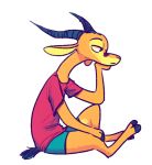  2019 ambiguous_gender antelope anthro arm_support bottomwear bovid chico_(fuel) clothed clothing facial_markings fuel_(artist) gazelle half-closed_eyes head_markings horn leaning_on_elbow mammal markings shirt shorts side_view simple_background sitting solo topwear white_background 